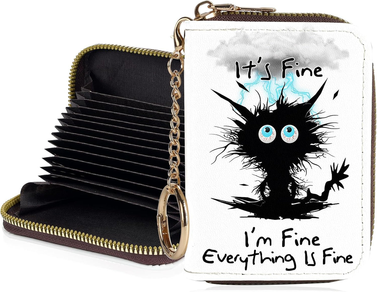 Credit Card Holder for Women,Small Rfid Wallet with Keychain Zipper,Cute PU Leather Card Case Wallet，Accordion Credit Card Wallets Gift,Cat Struck by Lightning