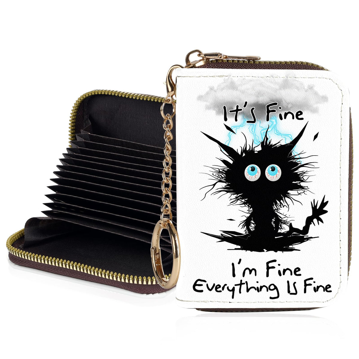 Credit Card Holder for Women,Small Rfid Wallet with Keychain Zipper,Cute PU Leather Card Case Wallet，Accordion Credit Card Wallets Gift,Cat Struck by Lightning