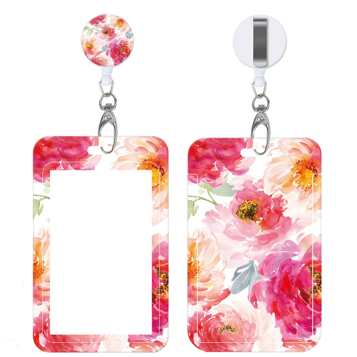 Badge Reels Retractable with Carabiner Reel Clip, Worker Badge Holder Belt Ferrule, Identity ID Badge Holder Case, Nurse Doctor Office School Teacher Name Credit Card Pocket (H-Marble Purple Pink)
