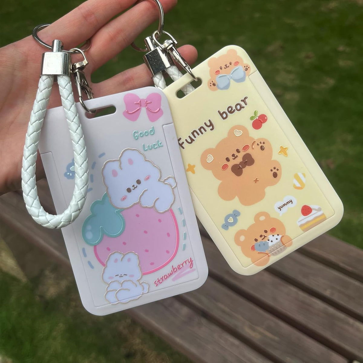 2 Pcs Kpop Photocard Holder PC Holder Kpop ID Badge Holder with Keychain Hard Shell Protective Photo Sleeves (White and Yellow)