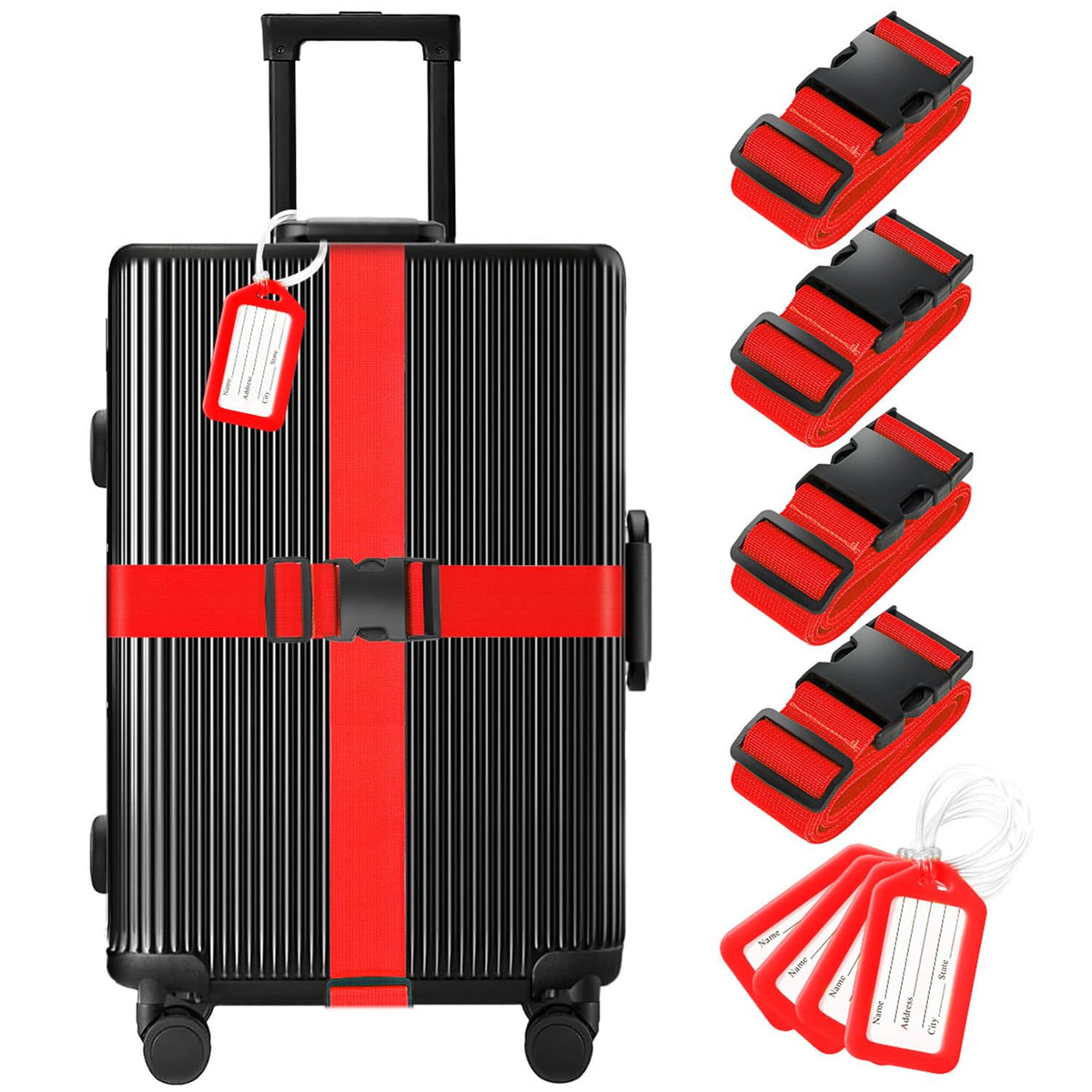 Gostwo 8 Pack Luggage Straps and Tags Set - 4 Straps, 4 Tags, Suitcase Belt