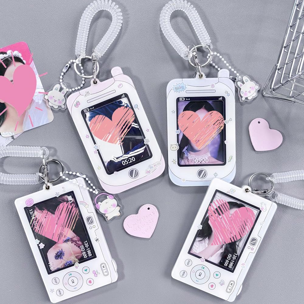 4pcs Photo Card Holder Badge Holders,3 Inch Photocards Holder Id Card Holder Photocard Keychain Protective Sleeves,Cute Photocard Holder Keychain Cartoon Decorative Pendant with Spiral Wrist Coil