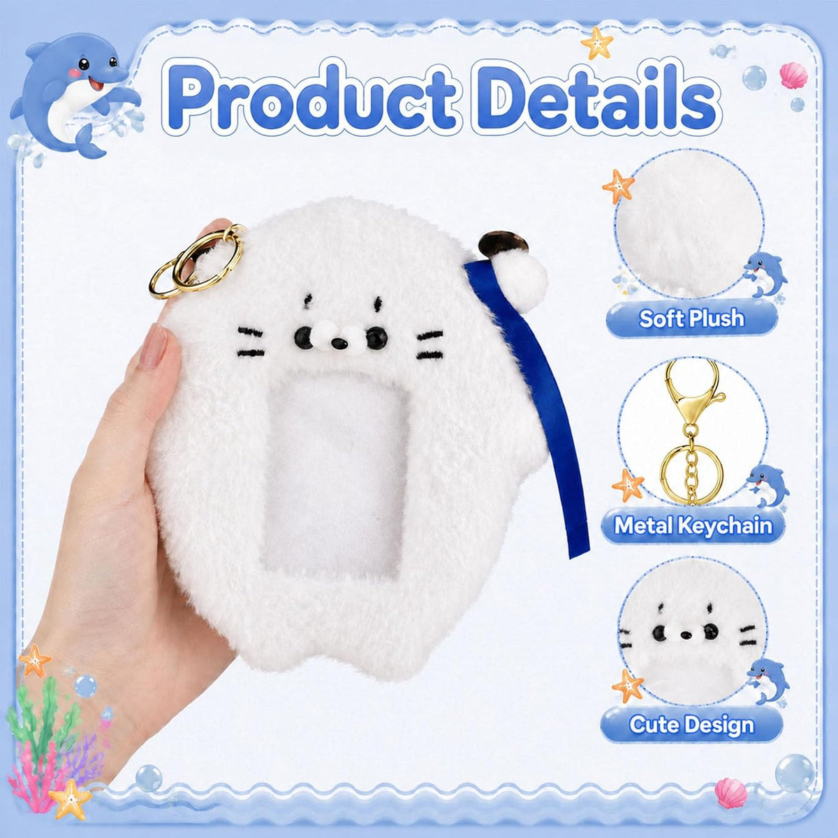 NEWEST Plush Photocard Holder with Keychain, Cute Dolphin ID Badge Holder
