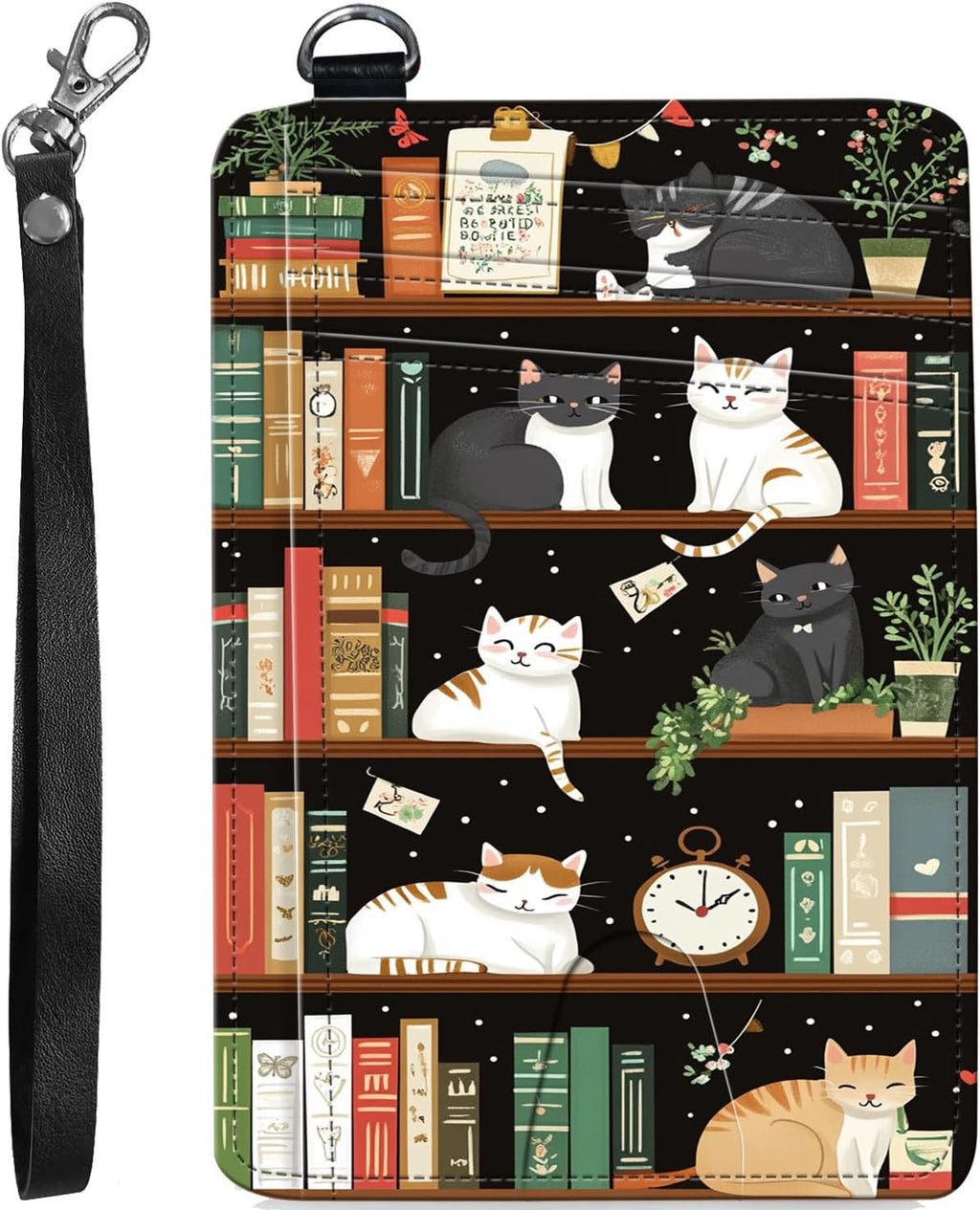 RFID Blocking Wallet Women, Slim Credit Card Holder with ID Window, Cute Small Front Pocket Card Wallet, Girls & Ladies Minimalist PU Leather Card Case for Travel Shopping Office, Bookshelf Cat