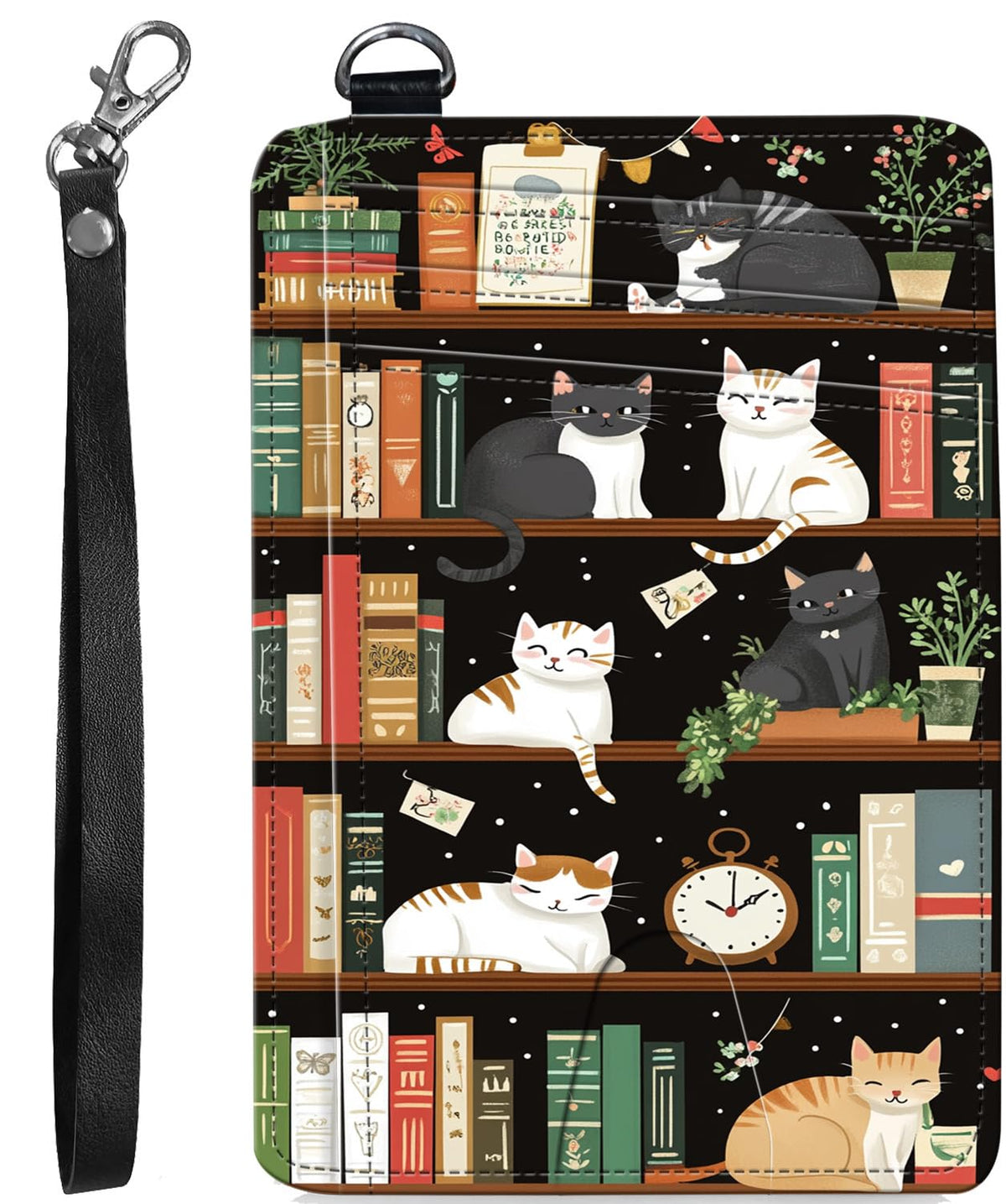 RFID Blocking Wallet Women, Slim Credit Card Holder with ID Window, Cute Small Front Pocket Card Wallet, Girls & Ladies Minimalist PU Leather Card Case for Travel Shopping Office, Bookshelf Cat