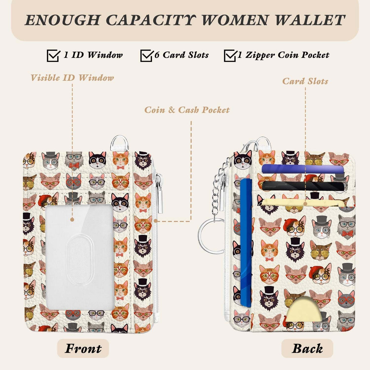 Gifts for Cat Lovers,Funny Cat Credit Card Holder Small Keychain Wallet for Women, Cute Blocking Wallet Coin Pocket,Front Pocket Thin Travel Card Case with ID Window