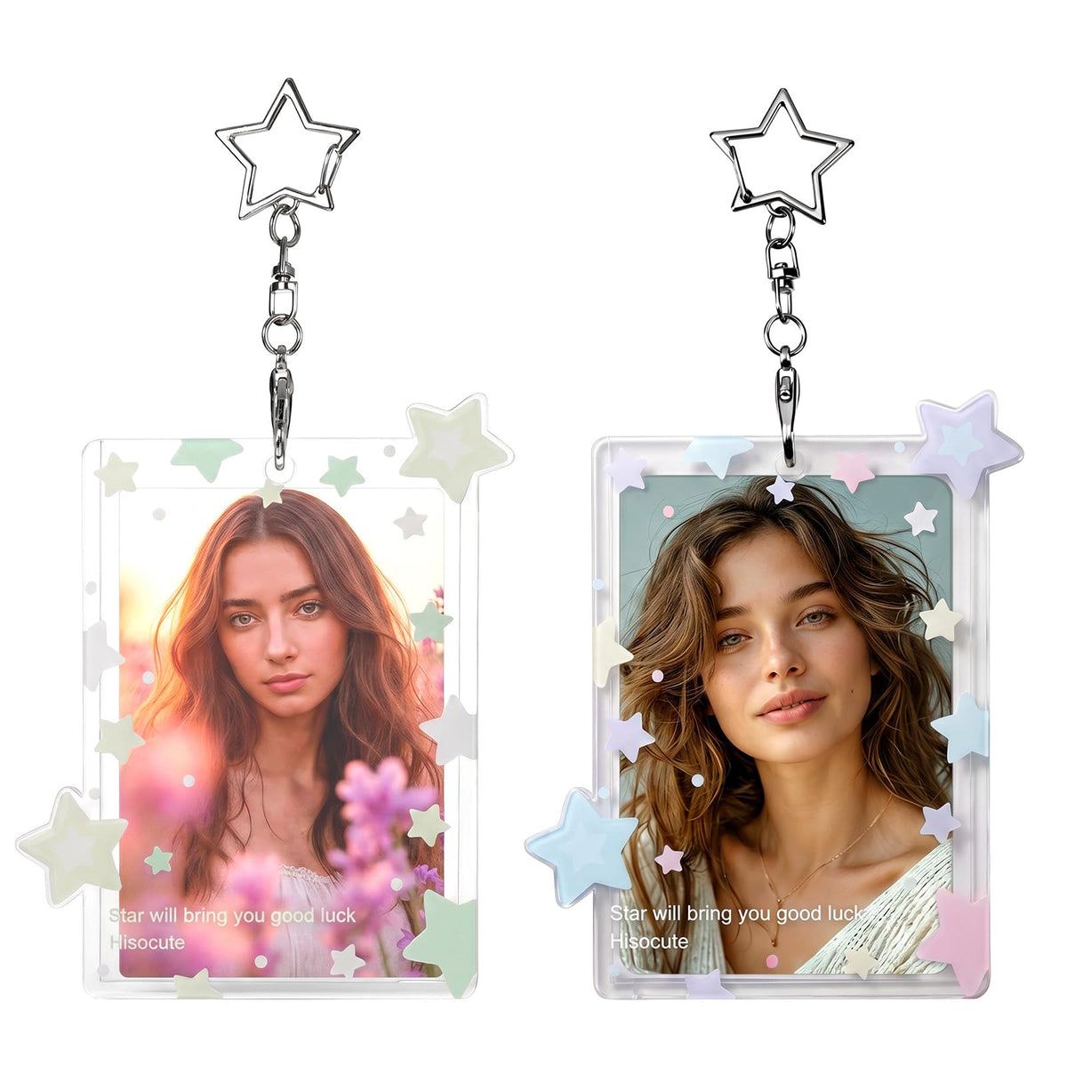 2Pcs Star Photocard Holder with Metal Chain Transparent Y2K Charm Holders Acrylic Cute Protective Photocards with Star Pendant for Idol Card Photo Album