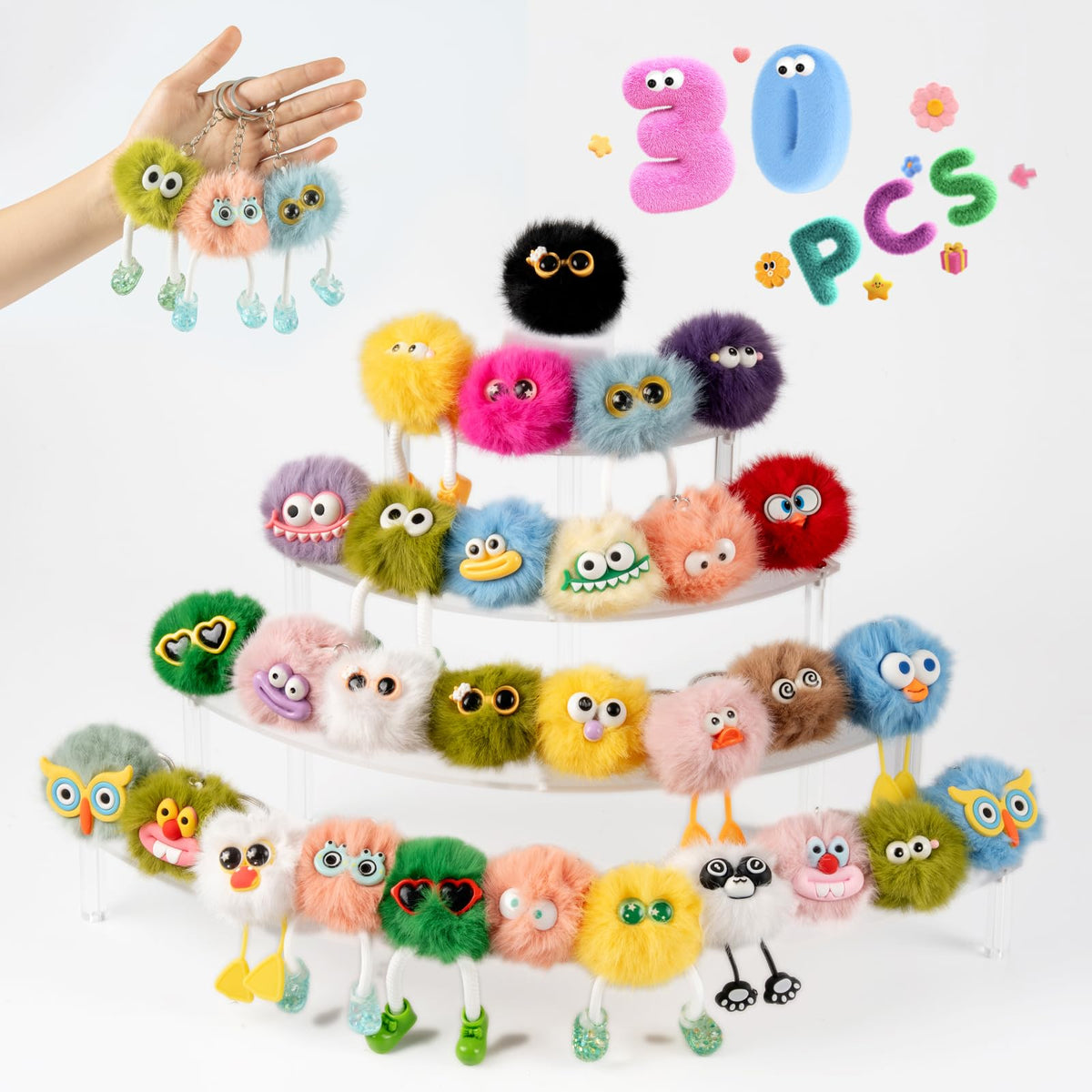 OMyFav 36 PCs Plush Keychains - Cute Keychain Bulk Back to School Gifts Fuzzy Keychain for Birthday Party Favors Goodie Bags Stuffers for Kids Classroom Prizes Treasure Box Prizes Backpack Charms