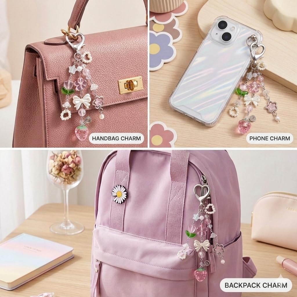Cute Strawberry Keychain, Pink Aesthetic Bag Charm for Backpack