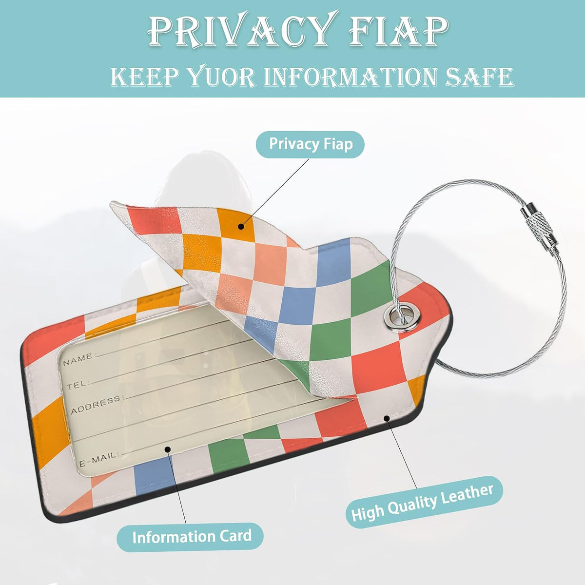 Checkered Luggage Tag,Colorful Retro Wavy Luggage Tags of Set 2 Leather Identifiers Privacy Cover with Stainless Steel Loop for Women Men Travel Bag Suitcase