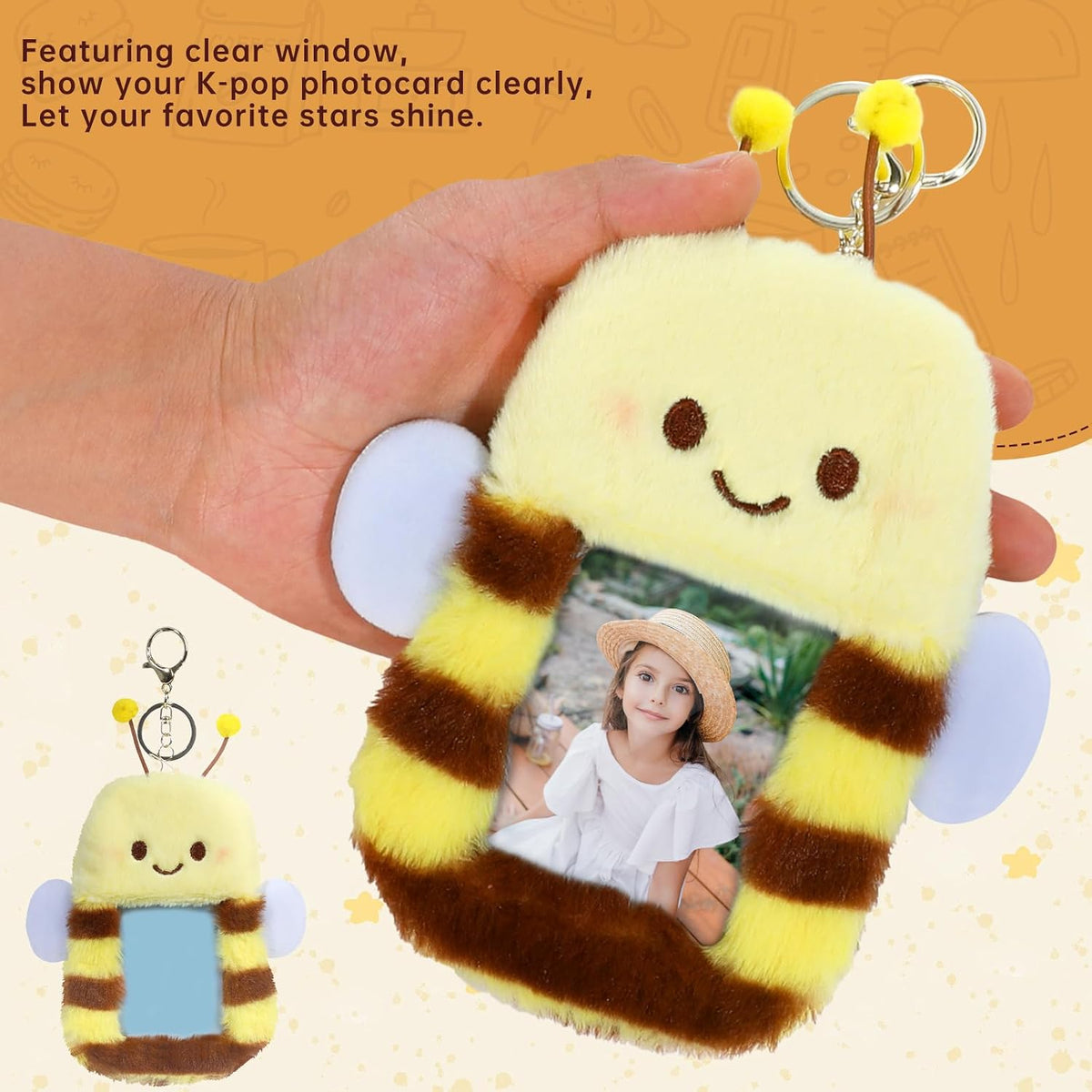 NEWEST Cute Bee Plush Kpop Photocard Holder with Keychain, Soft Cartoon Animal ID Badge Holder, 3 Inch Photo Protective Sleeve Case Card Cover for Kpop Idol Photo Card School Office Card Supplies
