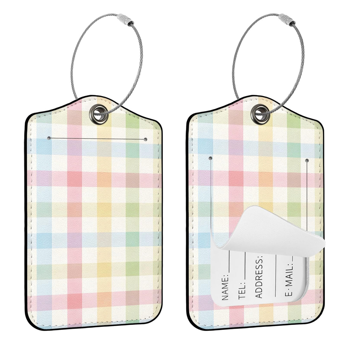Seorsok 2Pcs Luggage Travel Tags for Suitcases,Cute Color Grids Checkered PU Leather Name Tag with Privacy Cover&ID Label Address Card and Durable Metal Ring Suitable for Men Women Handbags Backpack