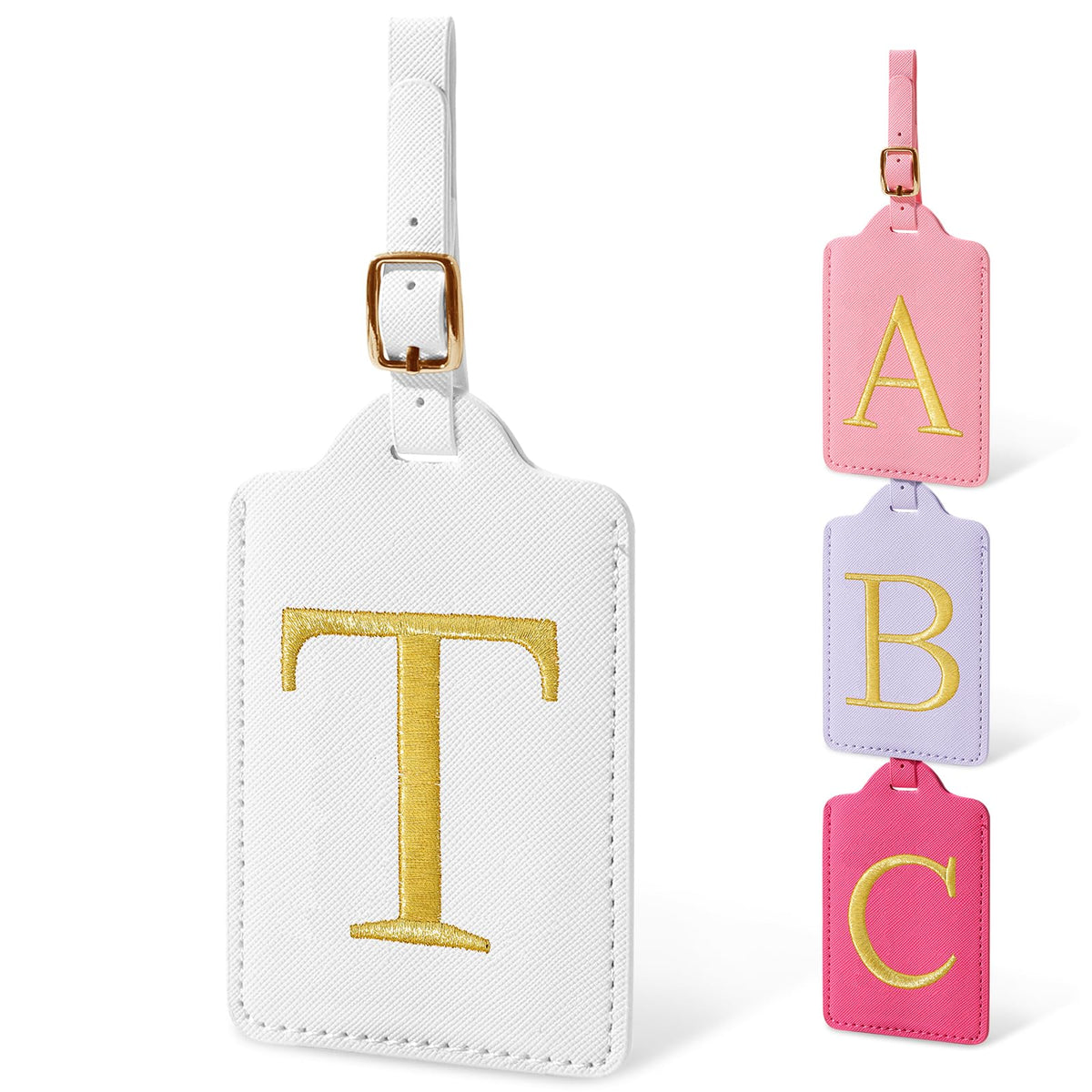 Personalized Initial Luggage Tags for Suitcases, Cute PU Leather Embroidered Letter Travel Luggage Tags, Suitcase Identifier Name Baggage Tag, Bag Tags for Men Women Kids Luggage Handbags(Pink M)