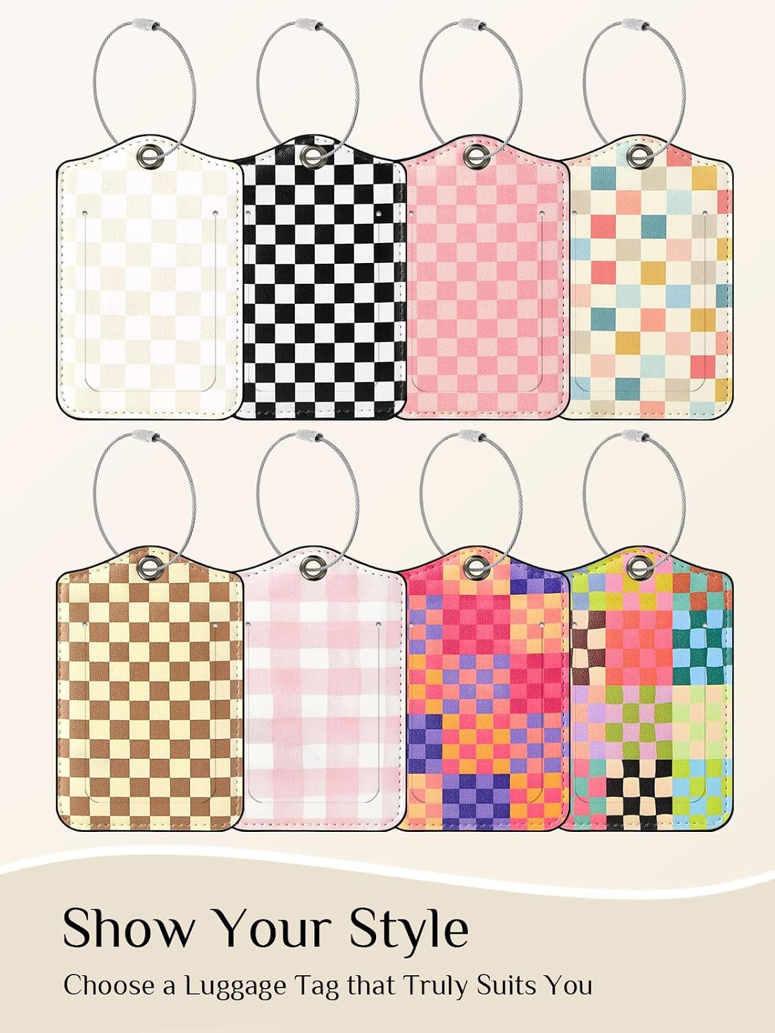 Seorsok 2Pcs Luggage Travel Tags for Suitcases,Cute Color Grids Checkered PU Leather Name Tag with Privacy Cover&ID Label Address Card and Durable Metal Ring Suitable for Men Women Handbags Backpack