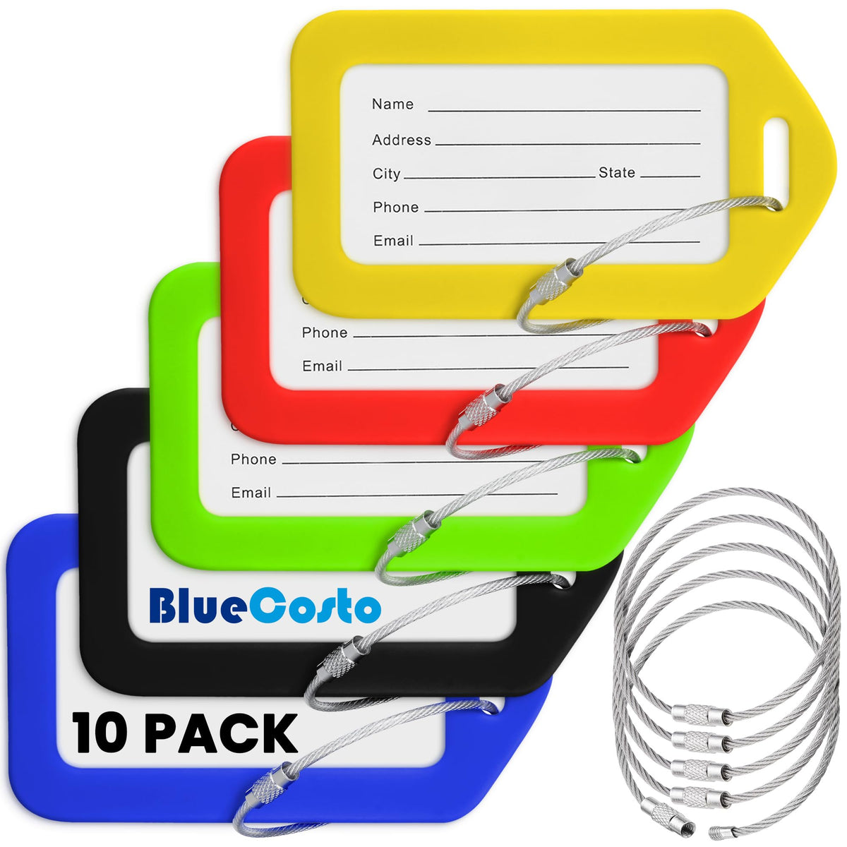 Luggage Tags, White, 10 Pack, Suitcase Tags with Name ID Card & Wire Loops