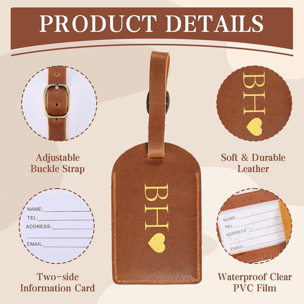 Personalized Leather Luggage Tag with Name, Handmade Customed Travel Bag Tag Cover for Women, Men, Premium Boarding Pass Protector for Suitcases, Family Vacation Gift for Travel Mother Day Father Day