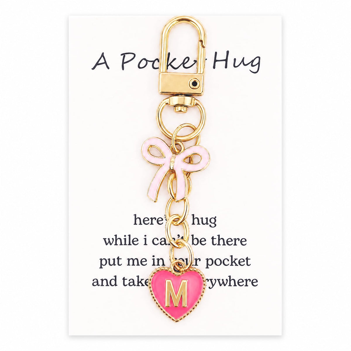 YOJO Pink Initial Letter Keychain with Enamel Bow and Heart Pendant