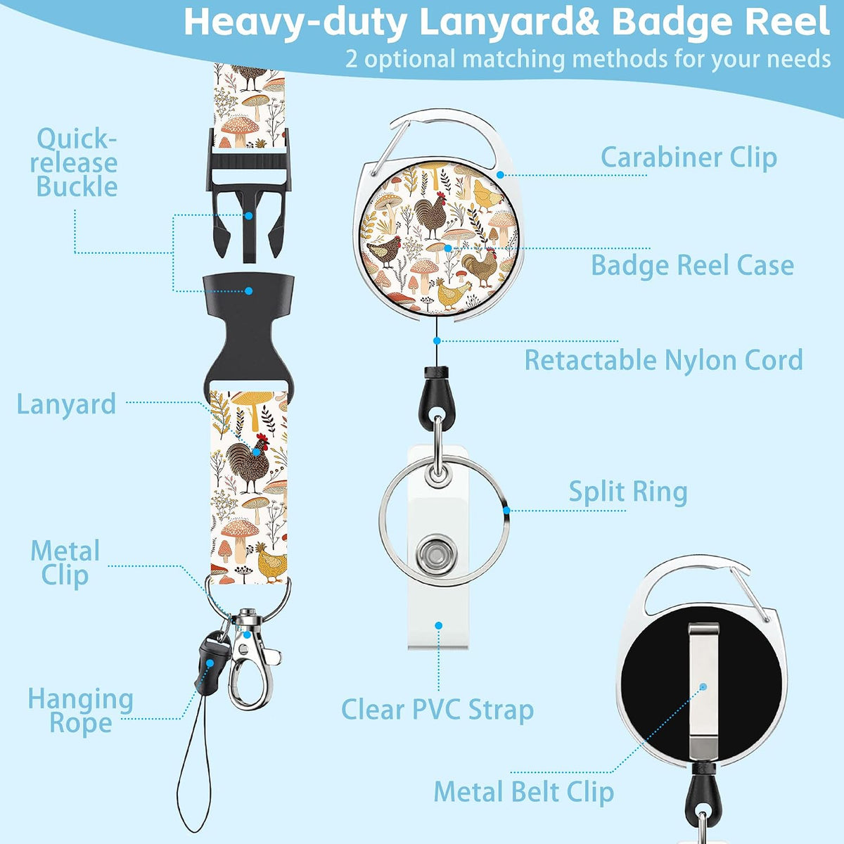 Cartoon Mushrooms Chickens Lanyards for ID Badges Retractable Removable Neck Lanyard with Badge Reel Vertical ID Work Badge Holder for Badge Holder Nurse Office Teacher