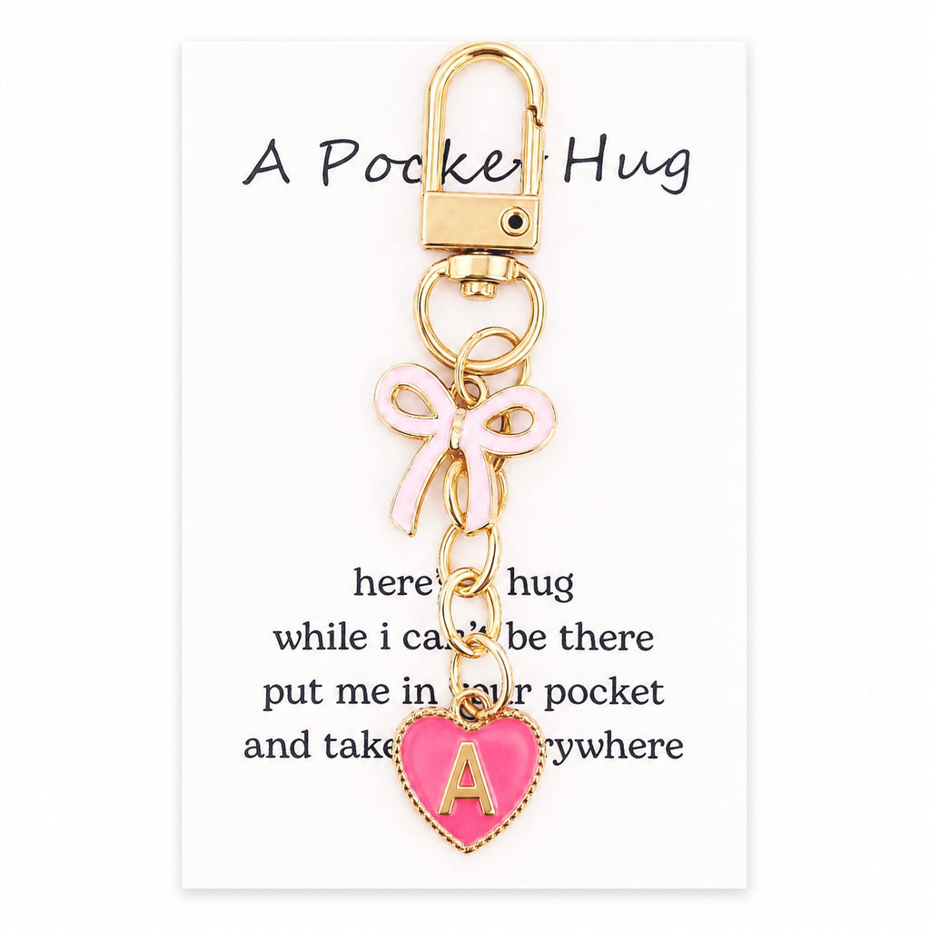 YOJO Pink Initial Letter Keychain with Enamel Bow and Heart Pendant