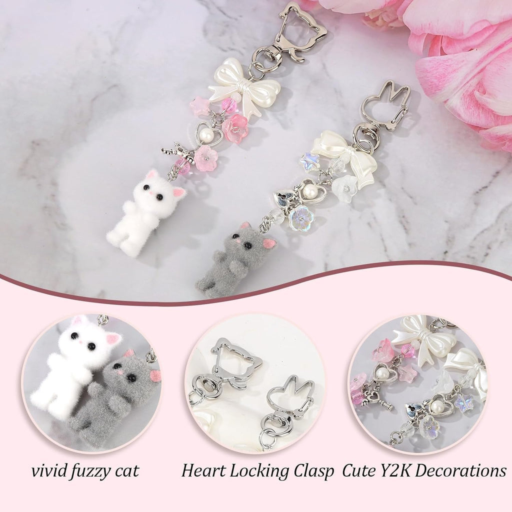 2PCS Cute Pink Fuzzy Cat Keychain Aesthetic Y2K Stylish with Bunny Kitty Lobster Clasp Bow Charms for Handbags Backpacks Purse, Phone