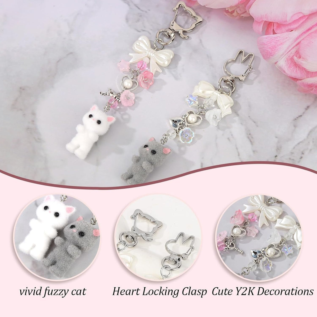 2PCS Cute Pink Fuzzy Cat Keychain Aesthetic Y2K Stylish with Bunny Kitty Lobster Clasp Bow Charms for Handbags Backpacks Purse, Phone