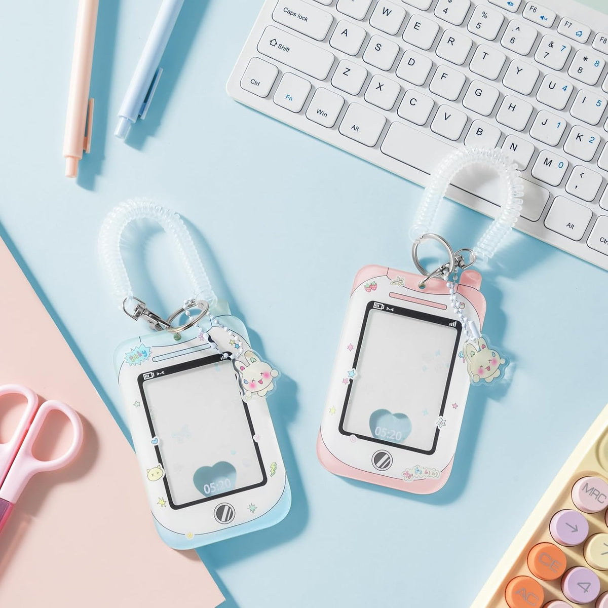 Ctosree 2 Pcs Photocard ID Badge Holder with Wrist Coil Blue Pink Y2k
