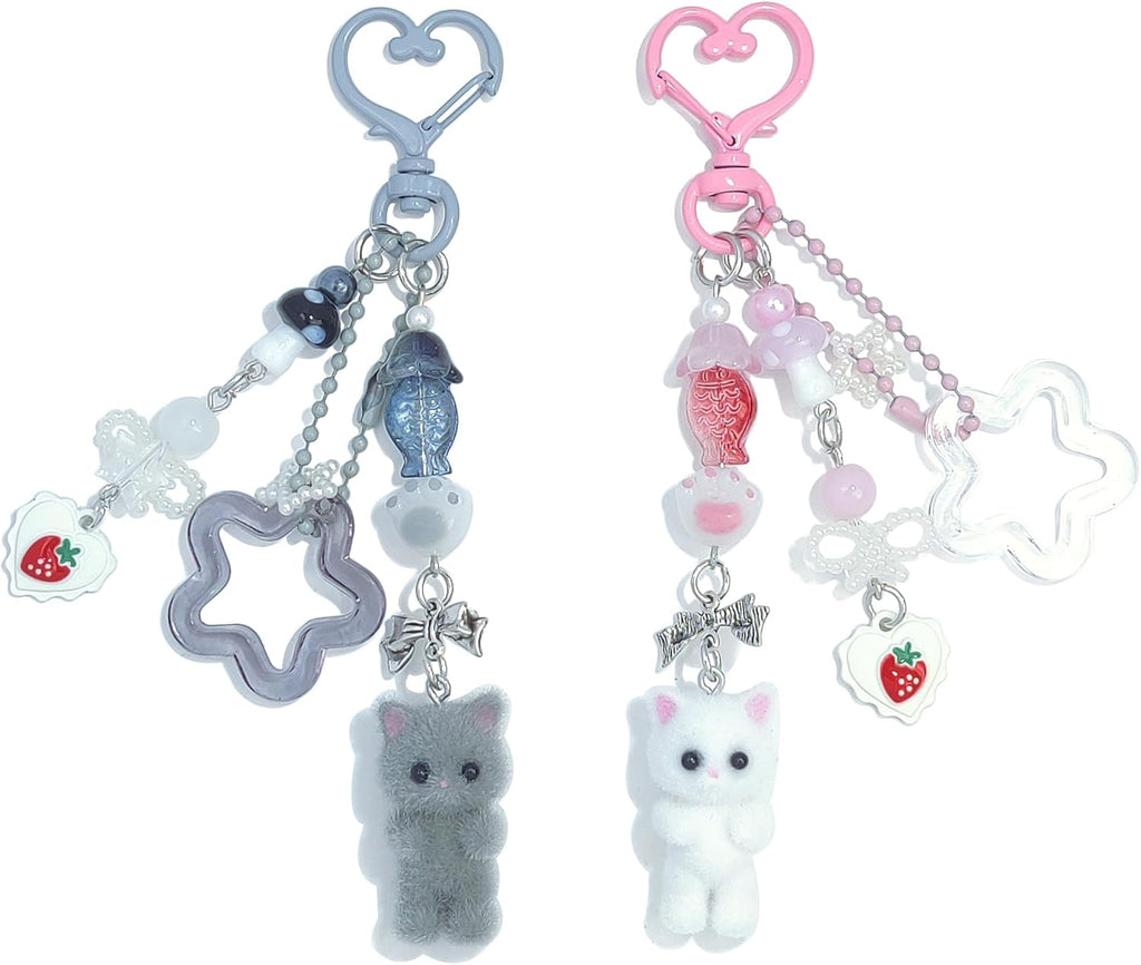 Cute Pink Fuzzy Cat Aesthetic Y2K Stylish Keychains