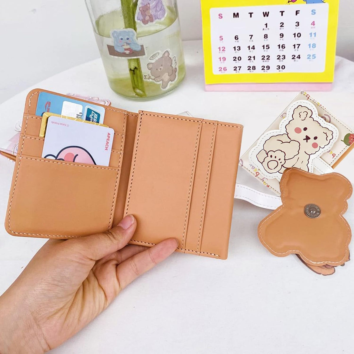 Kawaii Bear Wallet Cute Cartoon Card Holder Girls Coin Purse Anime Key Bag Card Case Front Pocket Wallet (Beige-1)