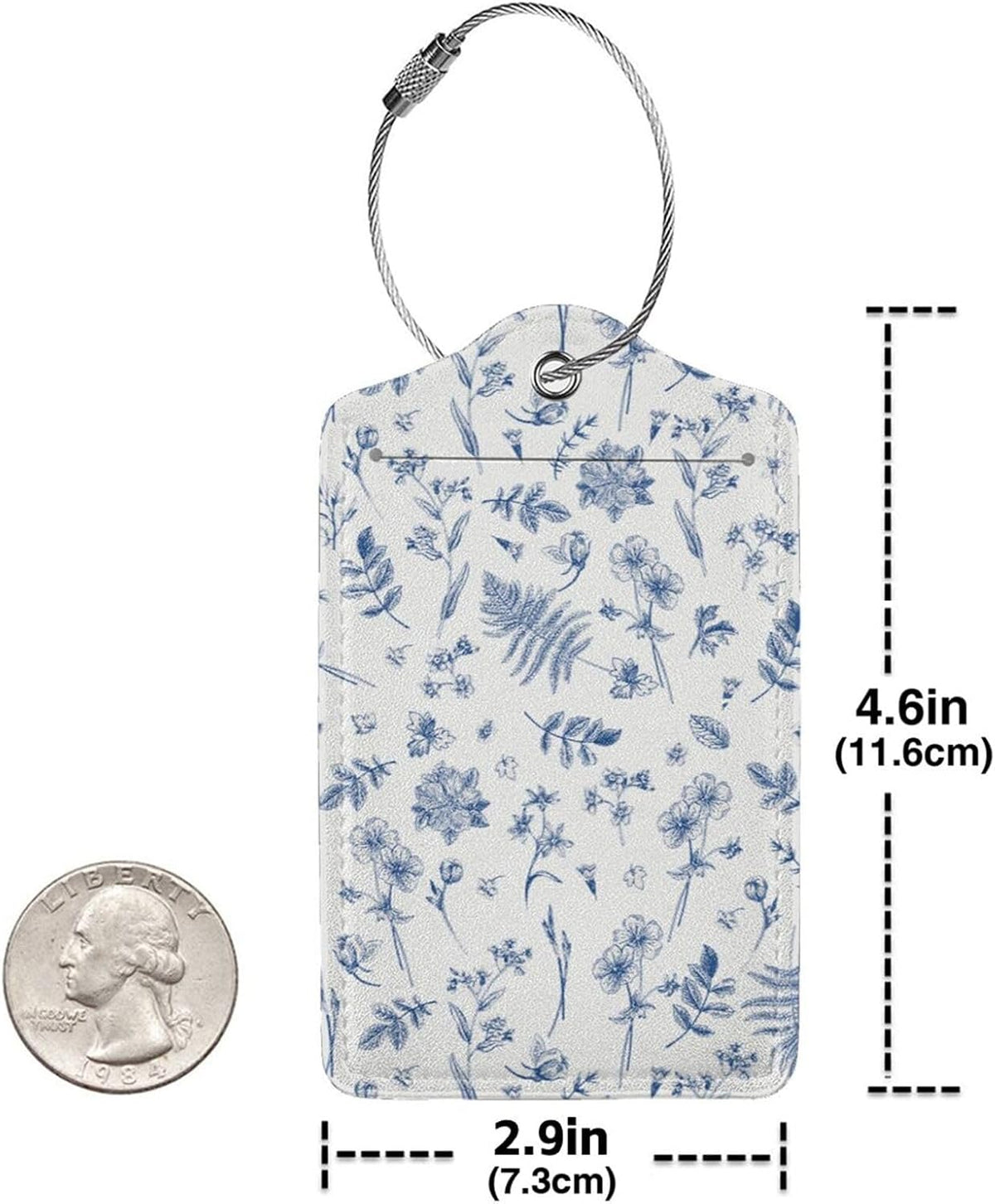 Vintage Blue Flower Luggage Tags 2 Pcs PU Leather Suitcase Tag for Cruise Ship Travel Bag with Stainless Steel Loop Privacy Cover Label for Women Men