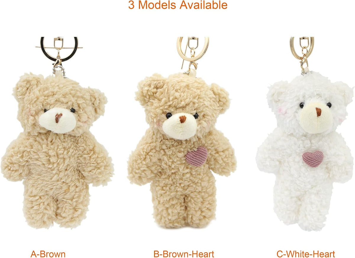Bear Plush Keychain Toys for Kids with Purple Heart 5" Inch Stuffed Teddy Plushie Backpack Purse Pendant Gift for Girls (B-Brown-Heart)