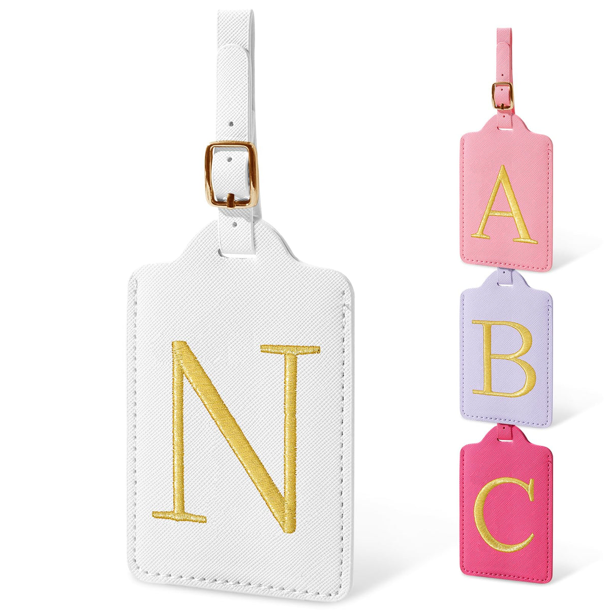 Personalized Initial Luggage Tags for Suitcases, Cute PU Leather Embroidered Letter Travel Luggage Tags, Suitcase Identifier Name Baggage Tag, Bag Tags for Men Women Kids Luggage Handbags(Pink M)