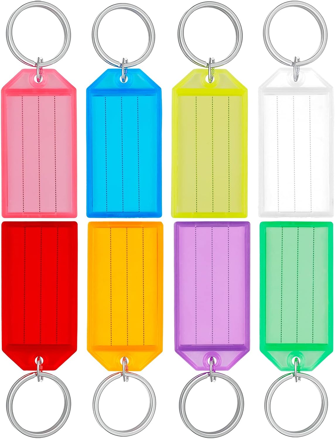 Uniclife 10 Pieces Key Tags 2 Inch Plastic Key Chain Tags with Ruled Blank Paper Labels Transparent Covers and Split Rings Sturdy Item Identifiers, 8 Colors