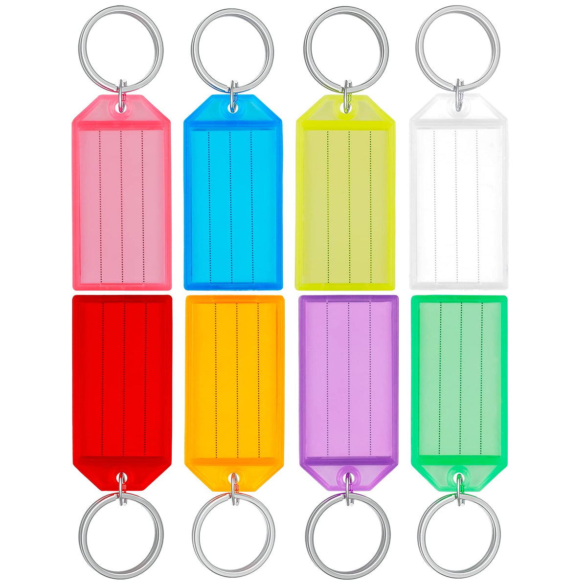 Uniclife 10 Pieces Key Tags 2 Inch Plastic Key Chain Tags with Ruled Blank Paper Labels Transparent Covers and Split Rings Sturdy Item Identifiers, 8 Colors