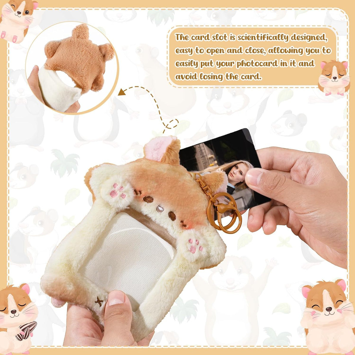 NEWEST Hamster Plush Kpop Photocard Holder with Keychain, Cute Hamster ID Badge Holder Protector Cover, Soft Cartoon Animal Photo Case Sleeves Stationery for Idol ID Card Student Worker Bag Charm