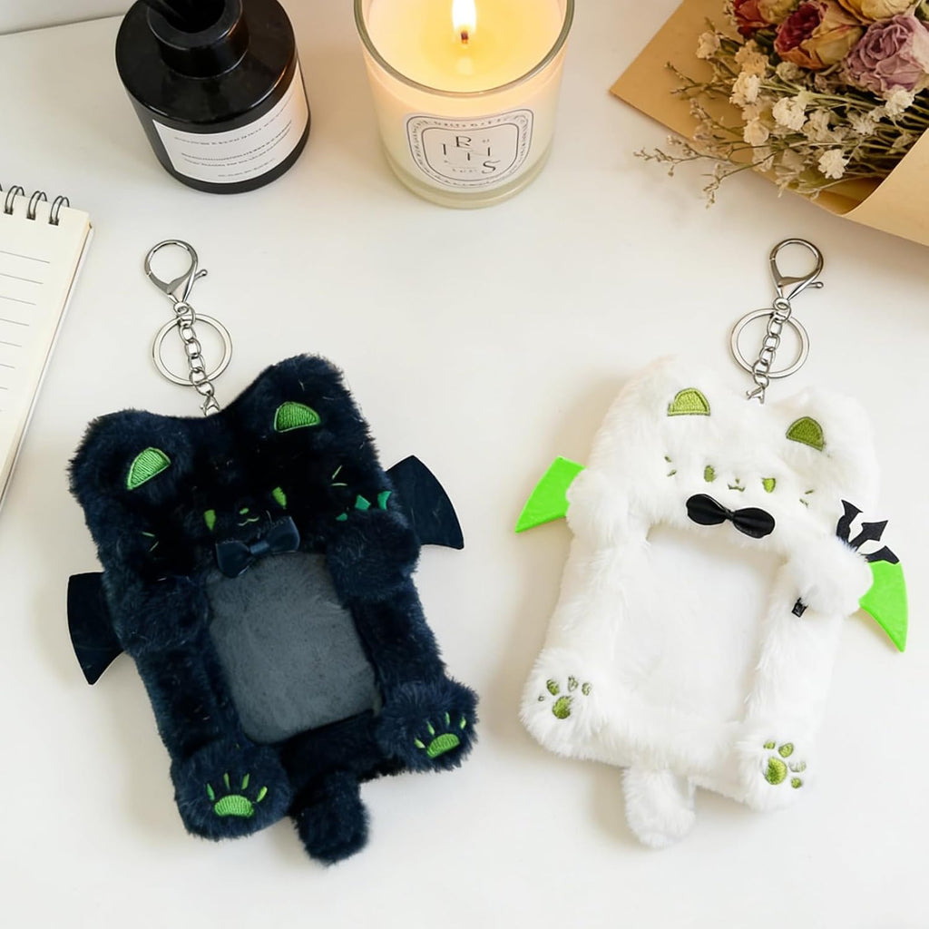 AGLOO 2 Pieces Cartoon Photocard Holder Keychain - Plush Cat-shaped Photo Card Holder,Protective Sleeves Badge Holders for Metro/Bus/Student Card and Kpop Idol Photos