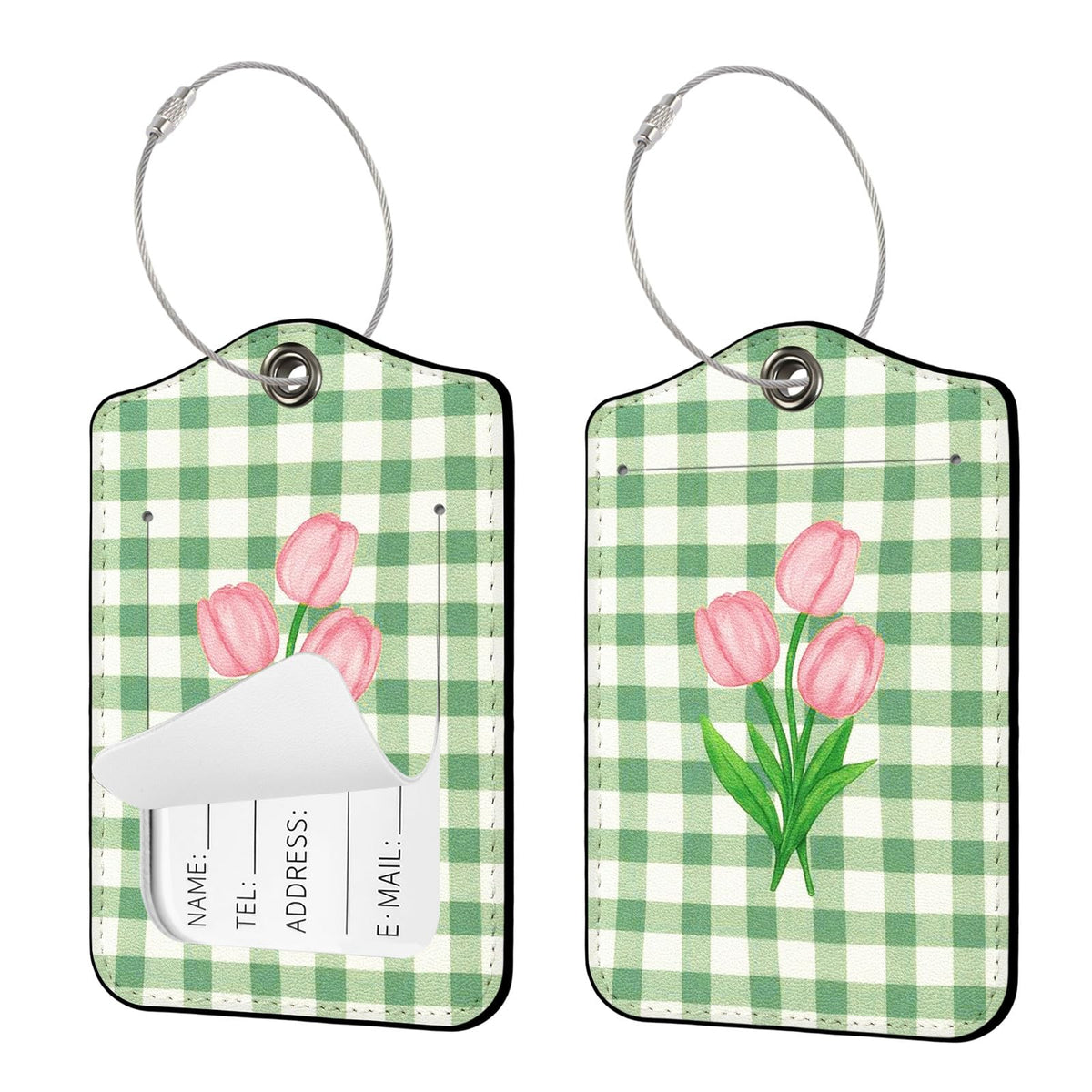 Seorsok 2Pcs Luggage Travel Tags for Suitcases,Cute Color Grids Checkered PU Leather Name Tag with Privacy Cover&ID Label Address Card and Durable Metal Ring Suitable for Men Women Handbags Backpack