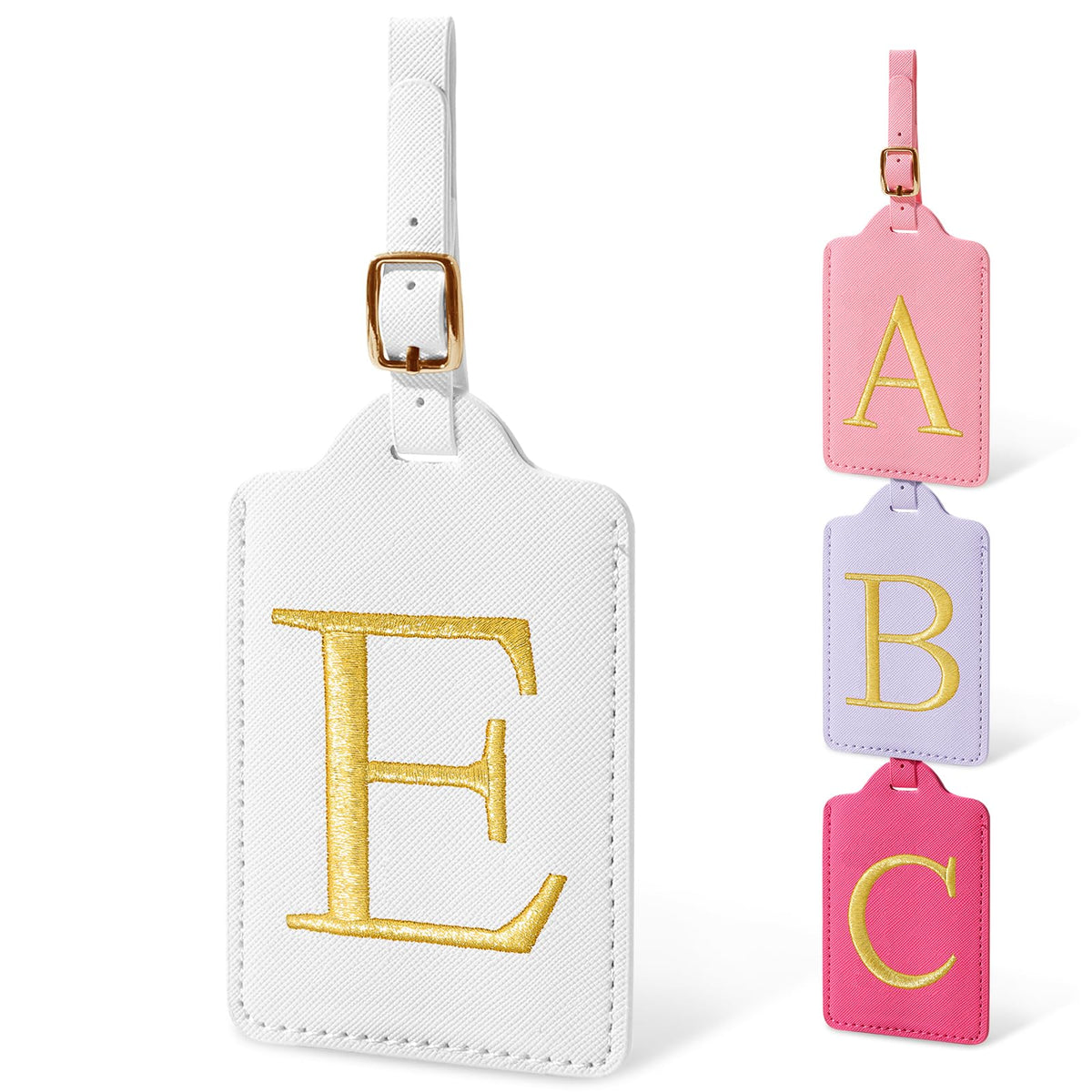 Personalized Initial Luggage Tags for Suitcases, Cute PU Leather Embroidered Letter Travel Luggage Tags, Suitcase Identifier Name Baggage Tag, Bag Tags for Men Women Kids Luggage Handbags(Pink M)