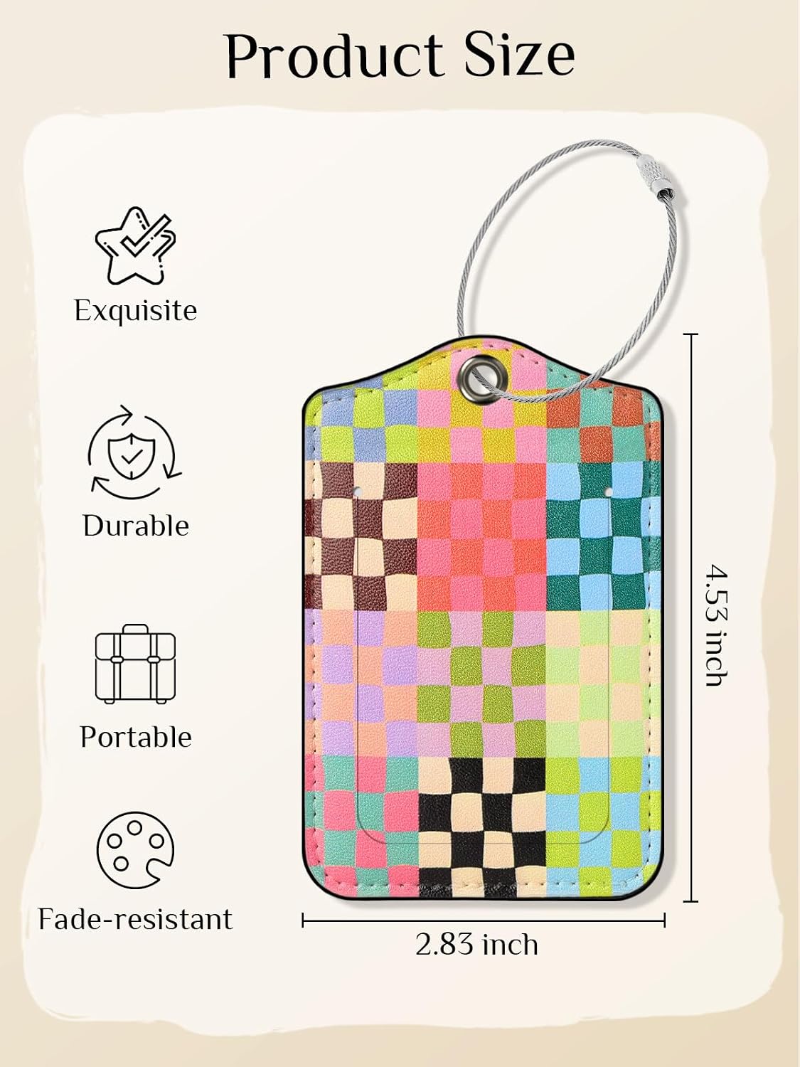 Seorsok 2Pcs Luggage Travel Tags for Suitcases,Cute Color Grids Checkered PU Leather Name Tag with Privacy Cover&ID Label Address Card and Durable Metal Ring Suitable for Men Women Handbags Backpack