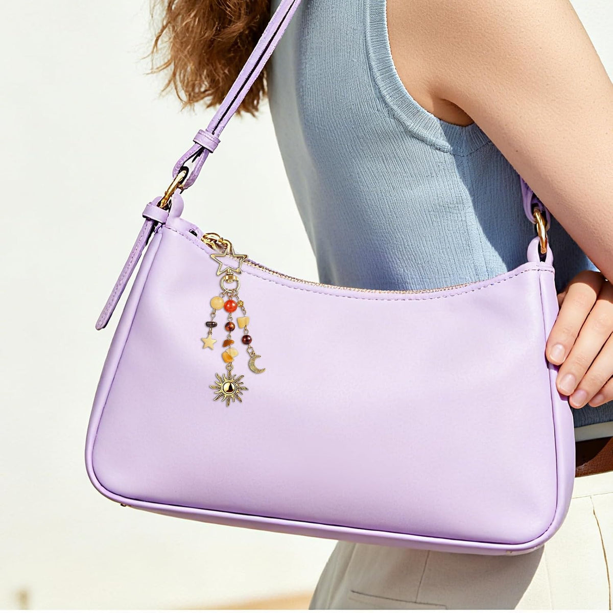 Sun and Moon Keychain Colorful Star Beads Gemstone Charm, Y2K Aesthetic Purse Charm for Women,Men, Handbag & Backpack Decoration