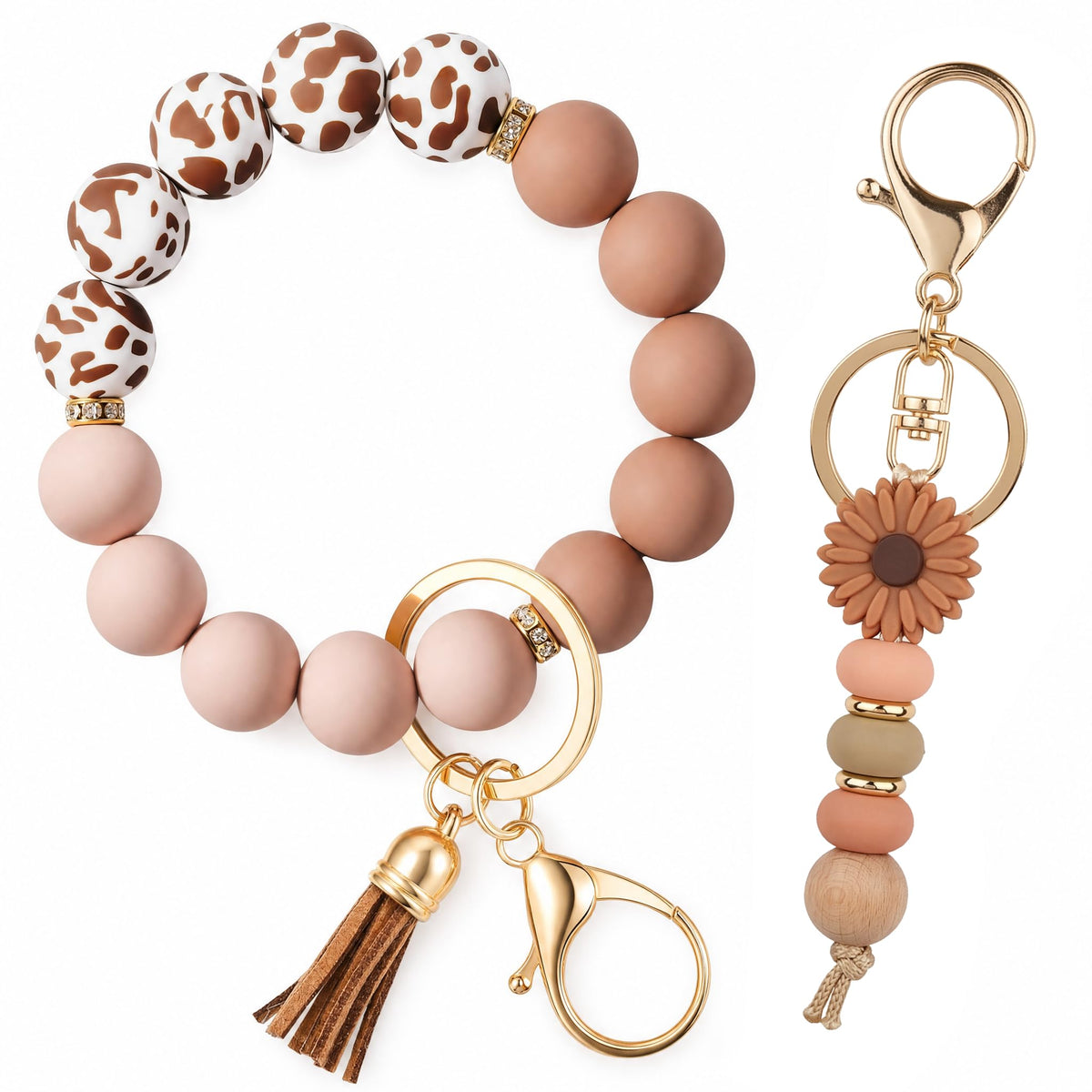 2PCS Bracelet Key Ring Set, Cute Car Key chain Wristlet, Silicone Beaded Bangle keyChains for Women Girls