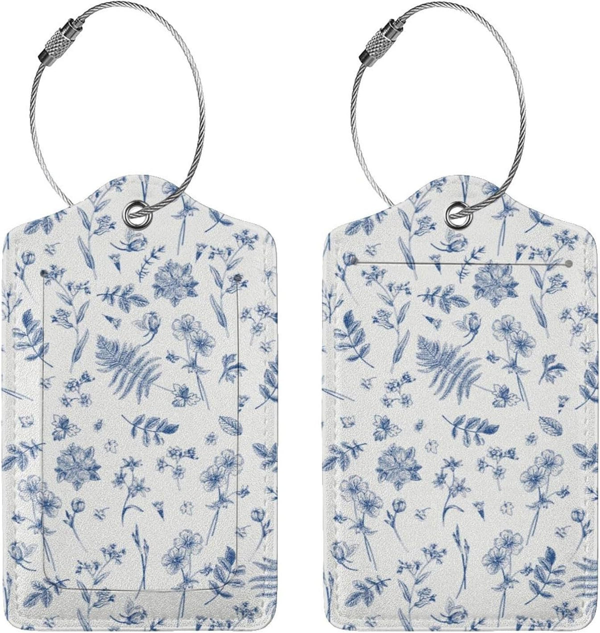 Vintage Blue Flower Luggage Tags 2 Pcs PU Leather Suitcase Tag for Cruise Ship Travel Bag with Stainless Steel Loop Privacy Cover Label for Women Men