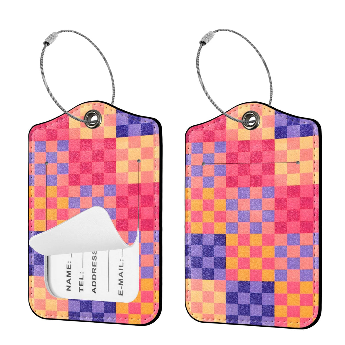 Seorsok 2Pcs Luggage Travel Tags for Suitcases,Cute Color Grids Checkered PU Leather Name Tag with Privacy Cover&ID Label Address Card and Durable Metal Ring Suitable for Men Women Handbags Backpack