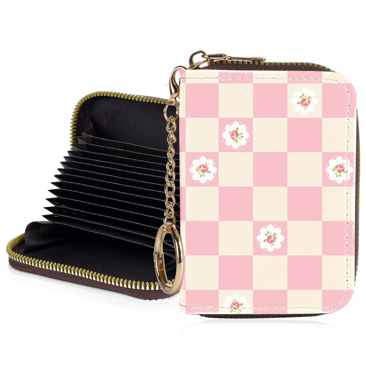 Credit Card Holder for Women,Small Rfid Wallet with Keychain Zipper,Cute PU Leather Card Case Wallet，Accordion Credit Card Wallets Gift,Flowers and Black Cat B