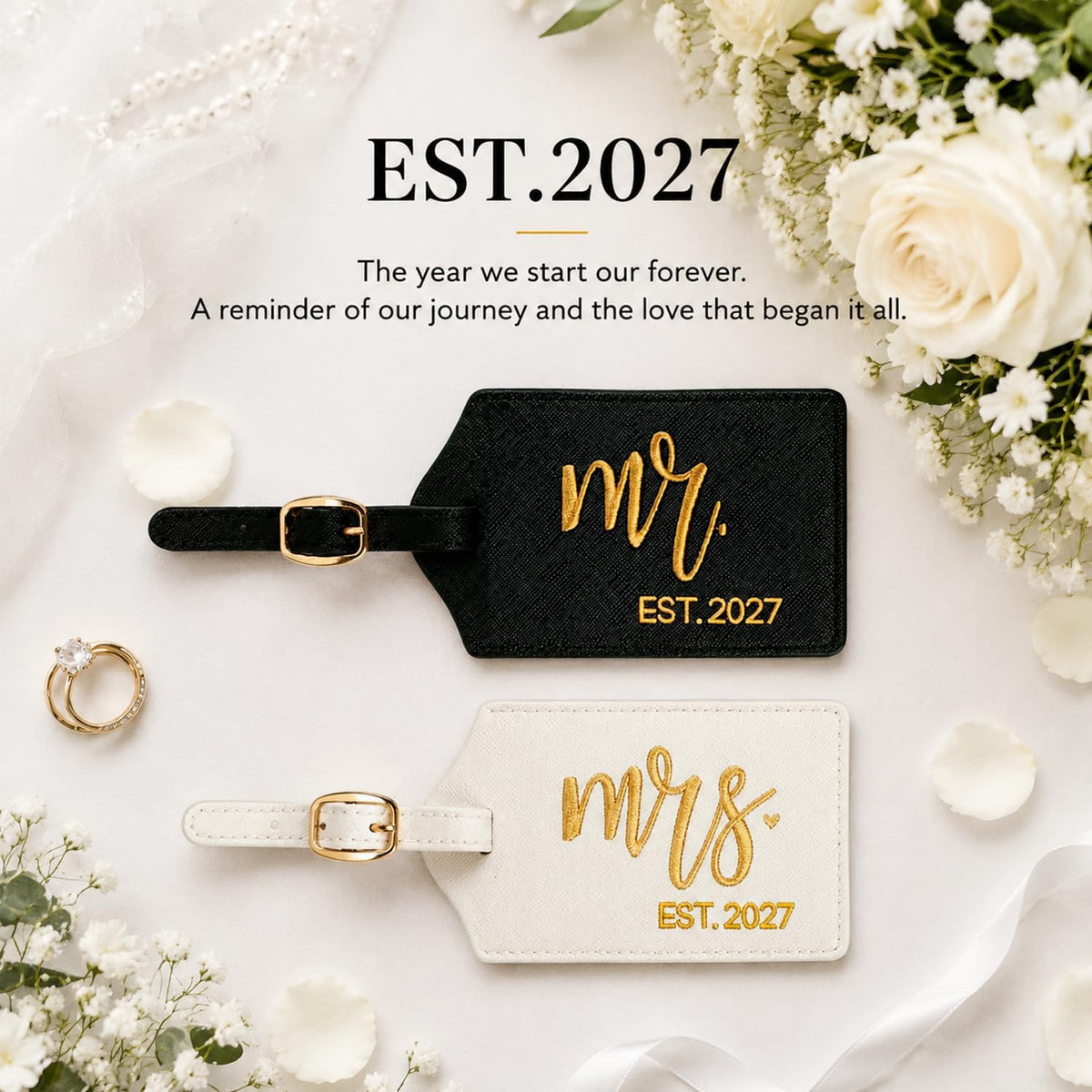 Mr and Mrs Luggage Tags Set of 2, Bride and Groom Travel Tags, Wedding Gifts for Couples 2026, Honeymoon Travel Essentials, Bridal Shower Engagement Gift (Mr Mrs-Black White Gold-2027)