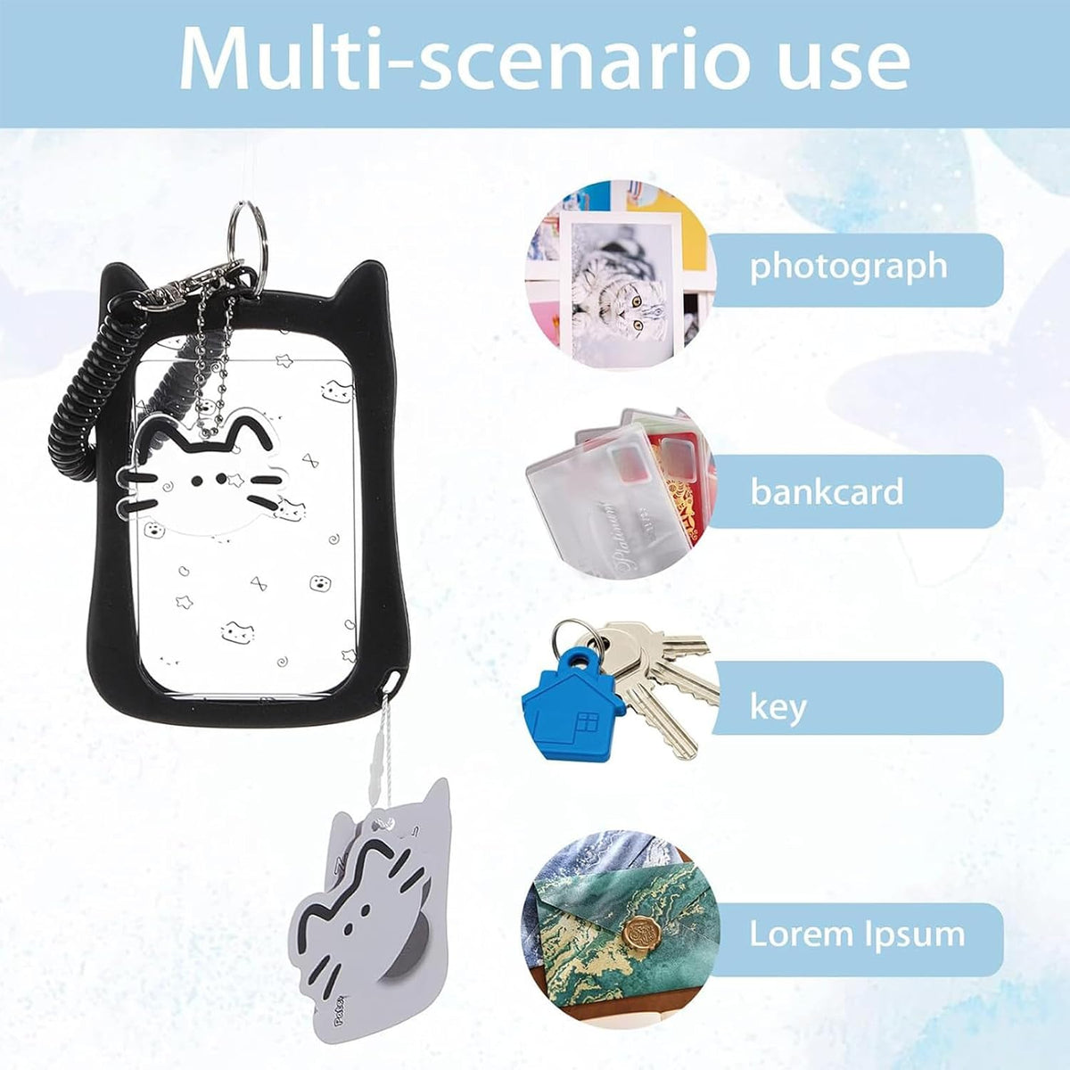 NICENEEDED 2 PCS Kpop Photocard Holder with Cartoon Cat Keychain, Kawaii Silicone White Black ID Holder, Transparent Photo Display Holder for Stationery Office Supplies