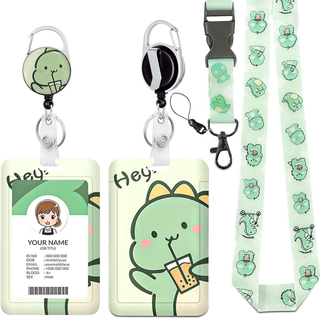 HL Hope&Luck Cute Dinosaur Lanyards for Id Badge Holder with Retractable Badge Reel Clip, Green Dinosaur ID Card Holder with Breakaway Lanyard, Nurse Teacher Office Gifts