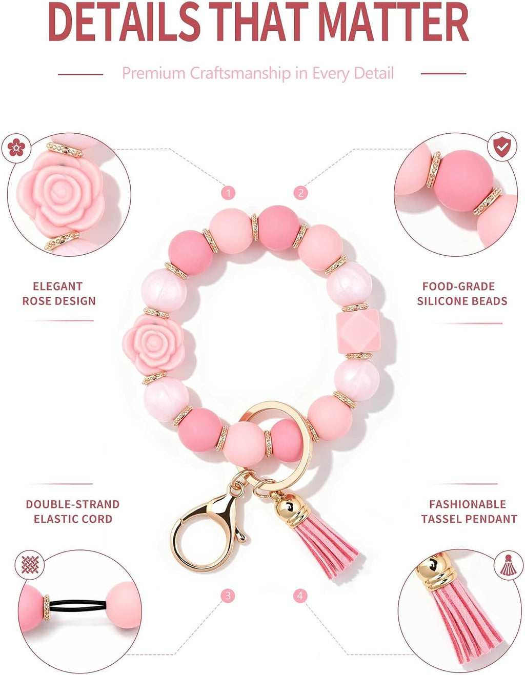 BAOSIWA Keychain Wristlet Cute Car Key Chain Holder Rose Flower Key Ring Bracelet Silicone Beaded Keychains for Women Girls
