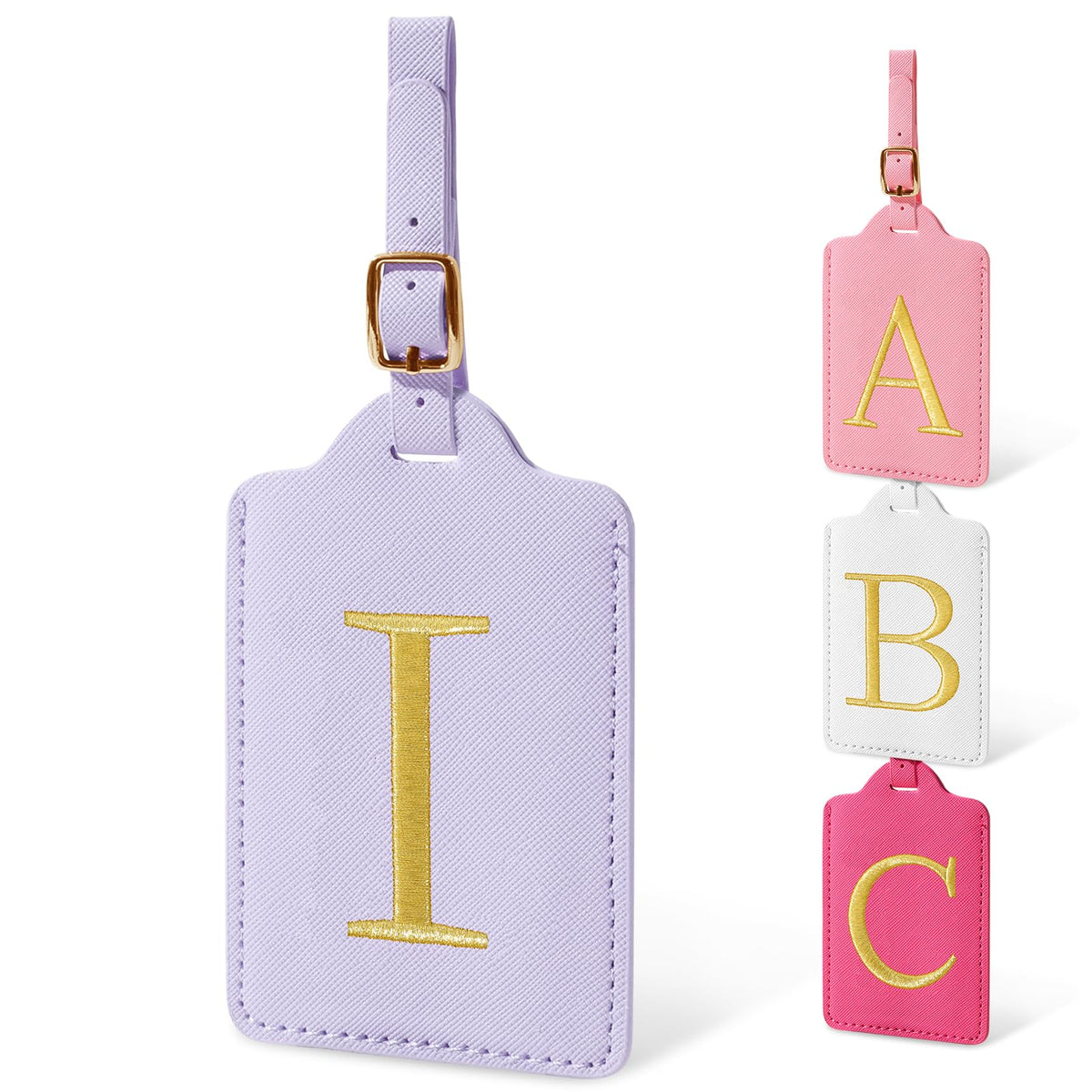 Personalized Initial Luggage Tags for Suitcases, Cute PU Leather Embroidered Letter Travel Luggage Tags, Suitcase Identifier Name Baggage Tag, Bag Tags for Men Women Kids Luggage Handbags(Pink M)