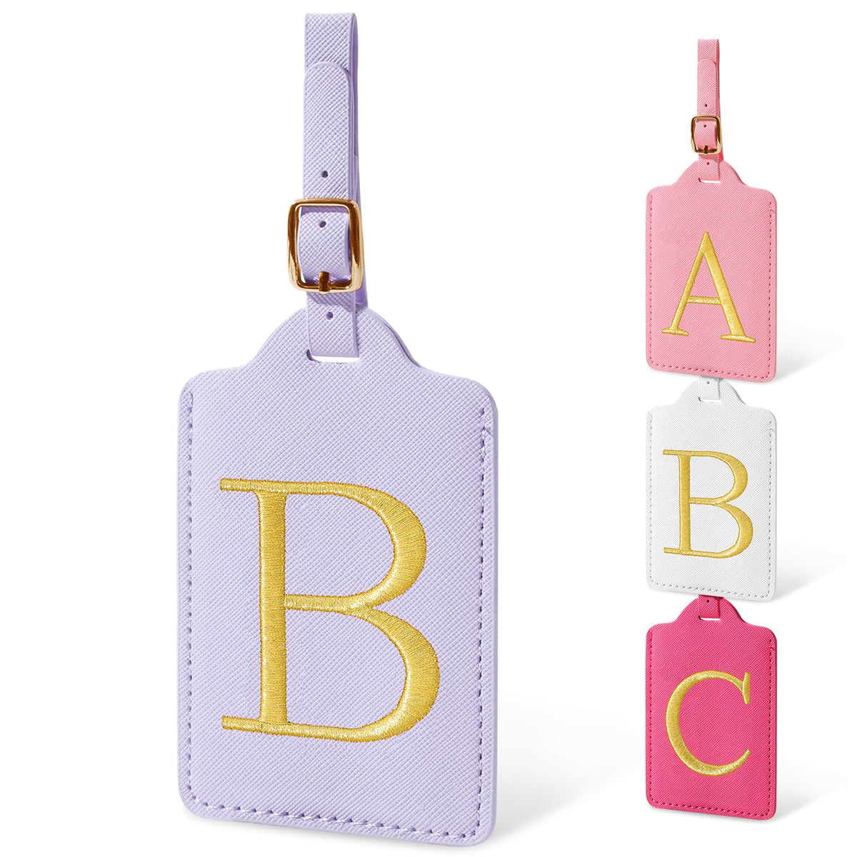 Personalized Initial Luggage Tags for Suitcases, Cute PU Leather Embroidered Letter Travel Luggage Tags, Suitcase Identifier Name Baggage Tag, Bag Tags for Men Women Kids Luggage Handbags(Pink M)