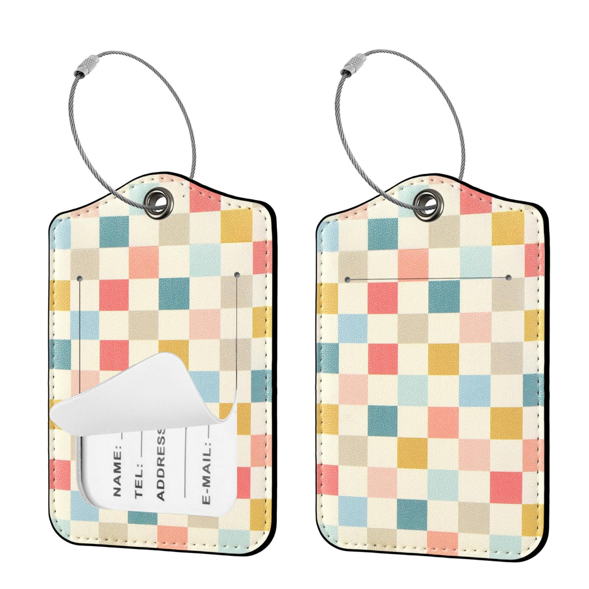 Seorsok 2Pcs Luggage Travel Tags for Suitcases,Cute Color Grids Checkered PU Leather Name Tag with Privacy Cover&ID Label Address Card and Durable Metal Ring Suitable for Men Women Handbags Backpack